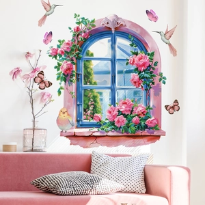 Détail du sticker mural 3D avec roses roses, papillons et faux cadre de fenêtre bleu
