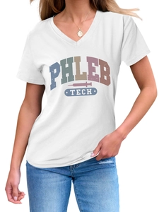 Detail view of V-neck white T-shirt featuring PHLEB TECH print and medical syringe icon