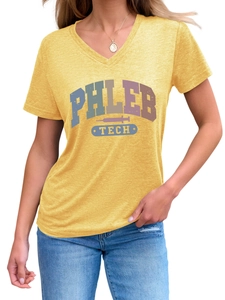 Detail of yellow V-neck tee with Phleb Tech graphic and medical syringe icon
