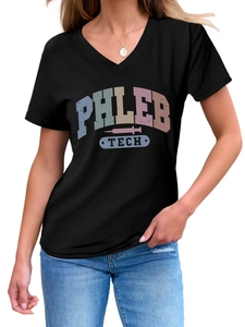 Close-up of V-neck cotton T-shirt featuring rainbow Phleb Tech medical print and icon