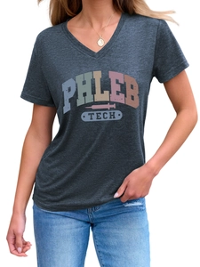 Close-up of V-neck neckline on dark grey Phleb Tech medical graphic short sleeve t-shirt