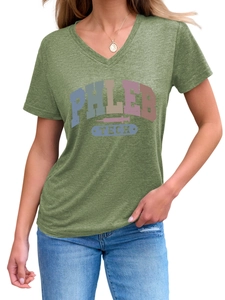 Detail of V-neck collar and high-quality heather green fabric with Phleb Tech print