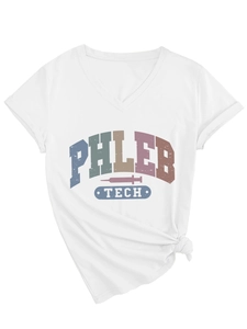 Detail of white V-neck T-shirt featuring PHLEB TECH print and stylish side knot design
