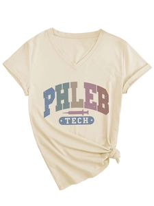 Detail view of V-neck short sleeve tee with Phleb Tech print and side knot design