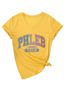 Detail of yellow V-neck medical T-shirt with PHLEB TECH print and stylish side knot