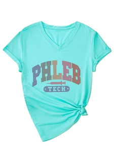 Detail of V-neck mint green T-shirt featuring PHLEB TECH print and front hem knot detail