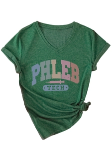 Detailed close-up of V-neck cotton T-shirt fabric with vintage phleb tech print
