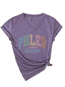 Detail of V-neck short sleeve T-shirt with PHLEB TECH print and stylish hem knot