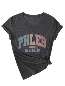 Detail of dark grey V-neck t-shirt with retro Phleb Tech print and pink syringe graphic