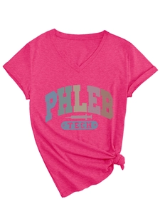 Detail of pink V-neck T-shirt showing PHLEB TECH print and soft brushed knit texture