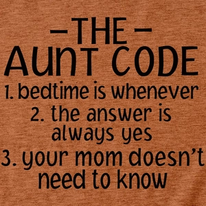 Detail shot of the Aunt Code slogan printed on a brown casual short sleeve knit T-shirt