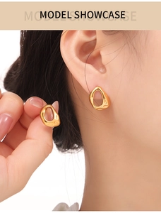Gros plan de boucles d'oreilles dorées géométriques sur un modèle montrant la texture