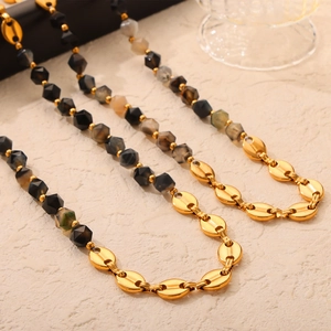 Vintage Necklace And Bracelet 18K Gold Plated Titanium Steel Faceted Natural Stone Coffee Bean Chain For Women Luxury