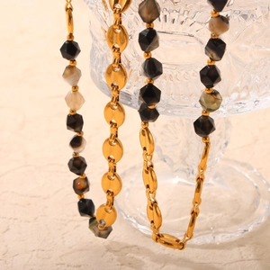 French retro 18K gold plated necklace with handmade natural stone beads on glass