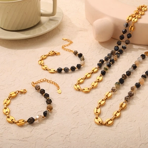 French vintage 18K gold plated stainless steel necklace and natural stone bracelet set
