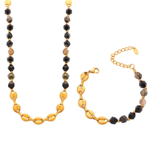 French vintage 18K gold-plated titanium steel necklace and bracelet set with natural stones