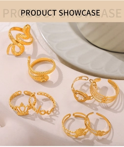 Collection of gold-toned titanium steel rings with geometric textures and crown designs