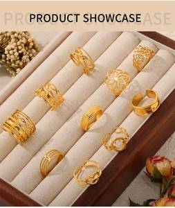 Detailed collection of nine gold titanium steel rings with textured and hollow patterns