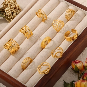 Hollow Geometric Stainless Steel Adjustable Open Ring For Women Minimalist Textured Gold Plated Fashionable Accessory