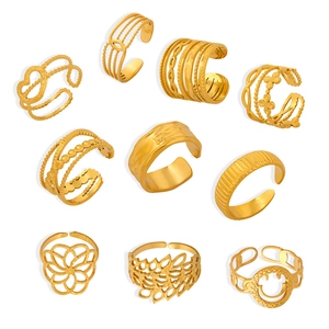 Set of 10 gold geometric titanium rings featuring hollow floral and textured designs