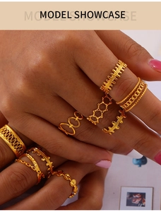 Detail of 10-piece gold ring set featuring geometric cutouts and chain designs