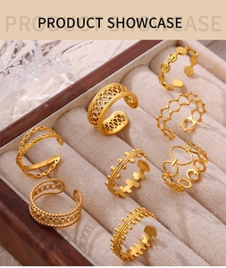 Detail of seven gold-plated hollow geometric rings in a jewelry display box