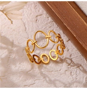 Detail of gold-plated titanium steel open ring featuring a hollow geometric link design