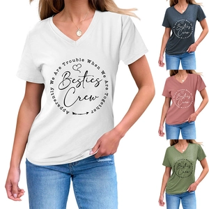 Detailed V-neck short sleeve T-shirt showcasing Besties Crew print in four color options
