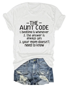 Detailed view of The Aunt Code slogan print on a casual white cotton crewneck t-shirt