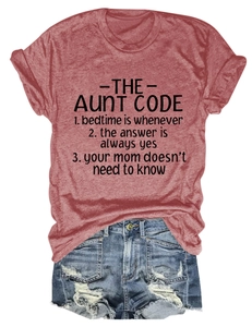 Close-up of heathered brick red t-shirt with creative text paired with denim shorts
