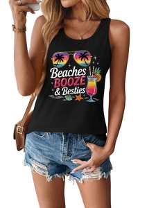 Dettaglio della canotta nera con stampa colorata a tema vacanza Beaches Booze e Besties
