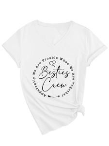 Detail of V-neck white cotton t-shirt featuring Besties Crew print with side knot styling