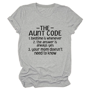 Close-up of soft grey cotton t-shirt with The Aunt Code humorous typography print