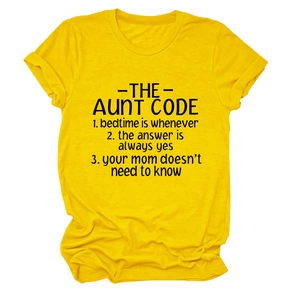 Close-up of Aunt Code printed text and rolled sleeves on yellow cotton T-shirt