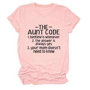 Detail of soft light pink cotton t-shirt featuring printed black Aunt Code typography