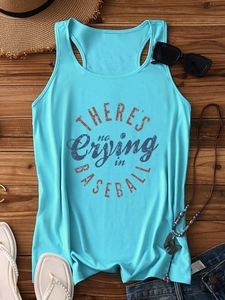 Flat lay of blue 'No Crying in Baseball' tank top with summer beach accessories