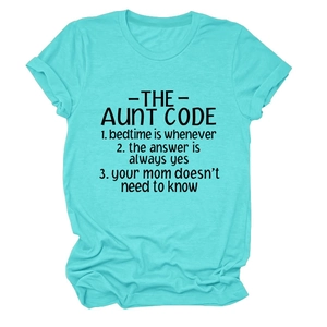 Detail of turquoise crew neck T-shirt with rolled sleeves and aunt code slogan