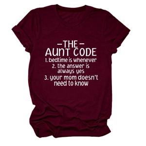 Detail of the aunt code text printed on a burgundy cotton crew neck short sleeve t-shirt