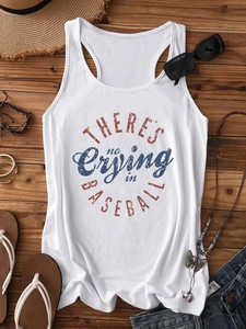 Flat lay of white cotton tank top with vintage Baseball print and summer accessories