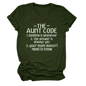 Close-up of The Aunt Code humor graphic printed on dark green crewneck cotton T-shirt