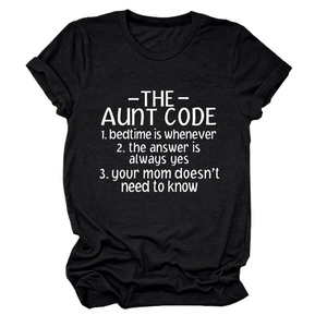 Detail of white The Aunt Code text print on a black crew neck short sleeve cotton T-shirt