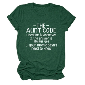 Detail of the aunt code text printed on a dark green crew neck short sleeve t-shirt
