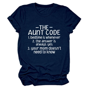 Detail of navy blue Aunt Code t-shirt with funny text print and cuffed short sleeves