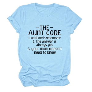 Close-up of the light blue Aunt Code graphic tee with rolled sleeves and round neck