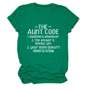 Detail of green crewneck T-shirt showing rolled sleeve and THE AUNT CODE print