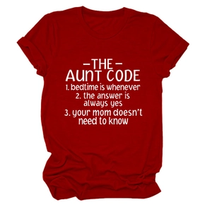 Dark red crew neck cotton T-shirt featuring 'The Aunt Code' white printed graphic