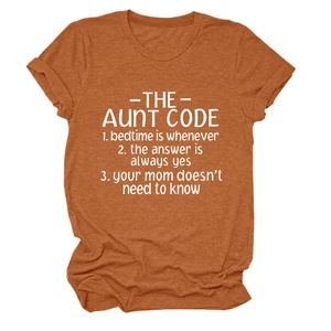 Detail of caramel heather t-shirt featuring white Aunt Code typography and rolled sleeves