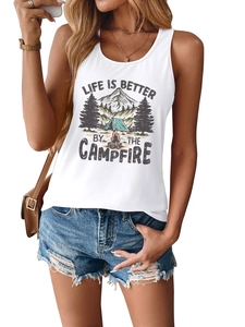 Detail of white sleeveless campfire graphic tank top paired with blue denim shorts