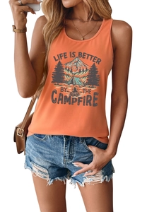 Detail of orange summer tank top with campfire graphic and LIFE IS BETTER BY THE CAMPFIRE text