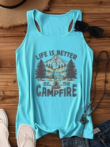 Teal tank top with outdoor camping print and 'Life is Better by the Campfire' slogan